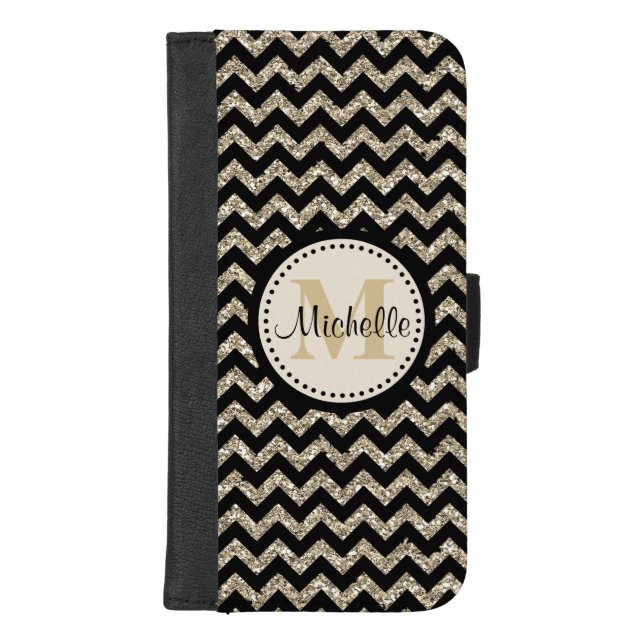 Black Chevron Silver Gold Faux Glitter Monogram iPhone Wallet Case (Front)