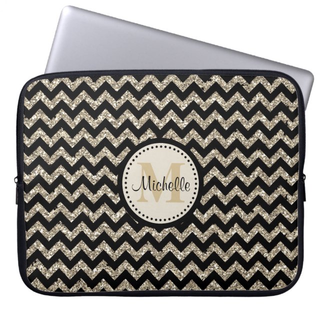 Black Chevron Silver Gold Faux Glitter Monogram Laptop Sleeve (Front)