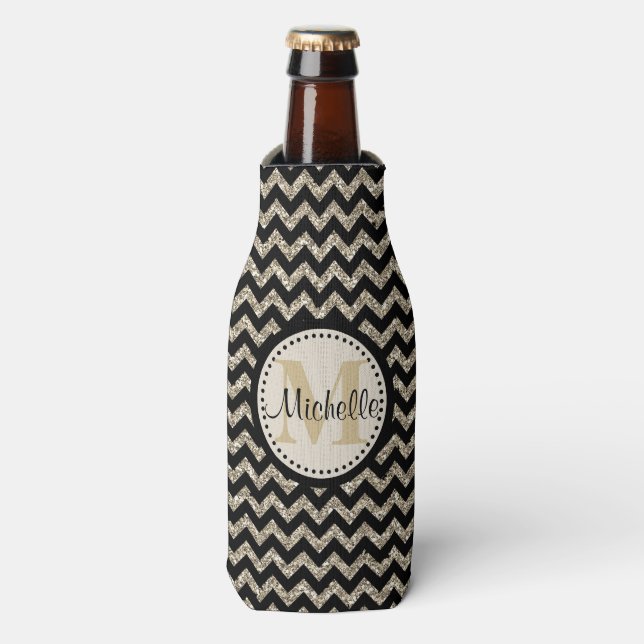 Black Chevron Silver Gold Monogram Bottle Cooler (Bottle Front)