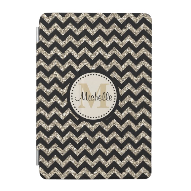 Black Chevron Silver Gold Monogram iPad Mini Cover (Front)