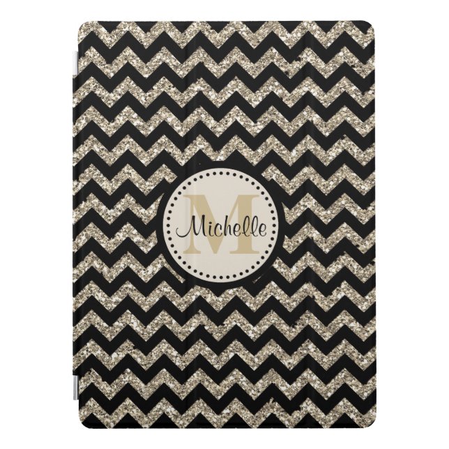 Black Chevron Silver Gold Monogram iPad Pro Cover (Front)