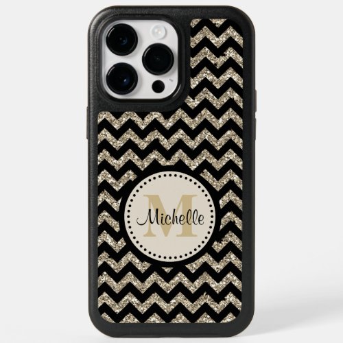 Black Chevron Silver Gold Monogram OtterBox iPhone 14 Pro Max Case