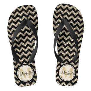 Black Chevron Silver Gold Personalized Flip Flops