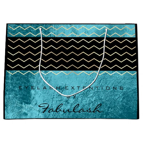 Black Chevron Stripes Aqua Blue Metallic Grill Large Gift Bag