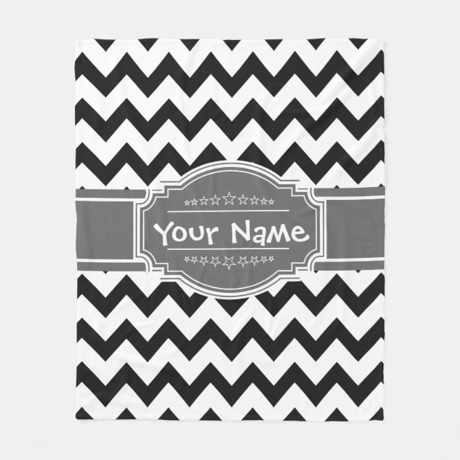 Black Chevron with Gray Personalized Name Fleece Blanket (Front)