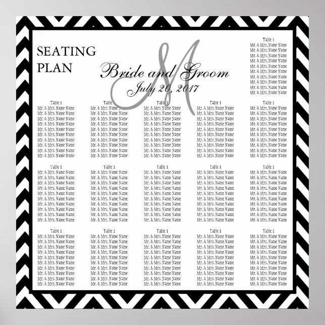 Black Chevron Zig Zag Wedding Seating Chart 160 (Front)