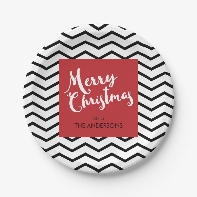 Black Chevrons & Red, Merry Christmas Personalized Paper Plates (Front)