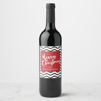 Black Chevrons & Red, Merry Christmas Personalized Wine Label