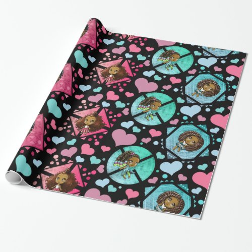 Black Chibi Girls with Hearts Wrapping Paper