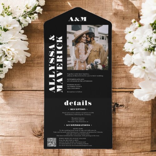 Black chic Bold simple monogram photo wedding All In One Invitation