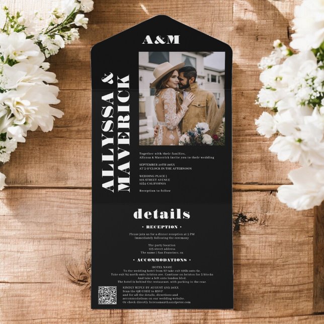 Black chic Bold simple monogram photo wedding All In One Invitation (Black chic Bold simple monogram photo wedding All In One Invitation)