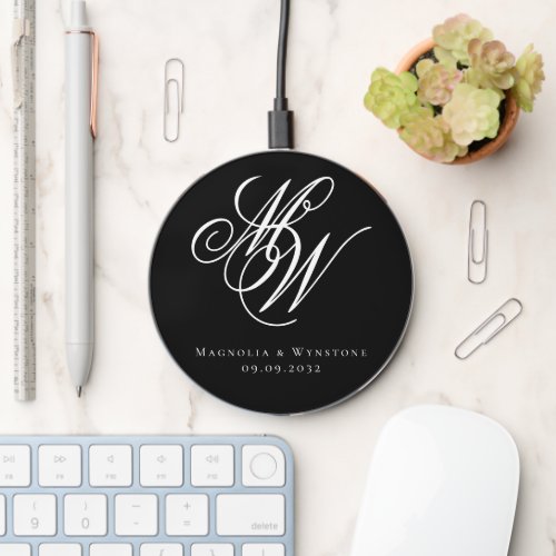Black Chic Couple Monogram Wireless Charger