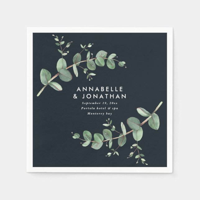 Black chic elegant eucalyptus foliage wedding napkins (Front)