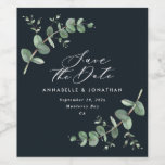 Black chic elegant modern eucalyptus save the date wine label<br><div class="desc">Eucalyptus Greenery foliage modern minimal elegant contemporary garden party Wedding decor save the date gift wine label sticker. Simple contemporary botanical design. Sage green,  navy blue,  black and white elegant modern colorway suits spring,  summer fall,  autumn and whiter wedding ceremonies.</div>