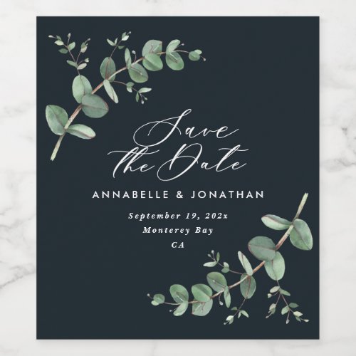 Black chic elegant modern eucalyptus save the date wine label