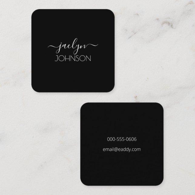 Black Chic Elegant White Script Personalized Name Square Business Card (Front/Back)