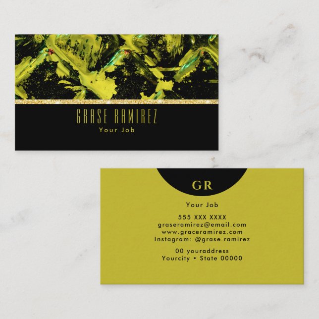 Black | Chic Faux Gold Glitter Monogram Business Card (Front/Back)