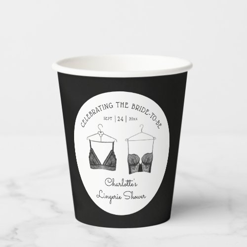 Black Chic Lace Watercolor Lingerie Bridal Shower Paper Cups