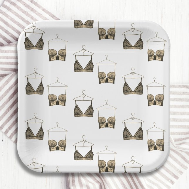 Black Chic Lace Watercolor Lingerie Bridal Shower  Paper Plates (Creator Uploaded)