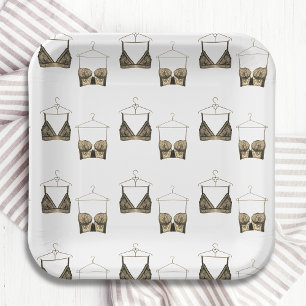 Black Chic Lace Watercolor Lingerie Bridal Shower  Paper Plates