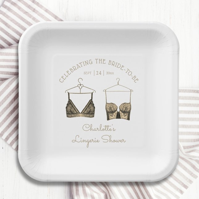 Black Chic Lace Watercolor Lingerie Bridal Shower  Paper Plates (Creator Uploaded)
