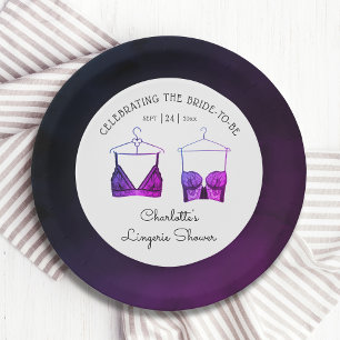 Black Chic Lace Watercolor Lingerie Bridal Shower Paper Plates