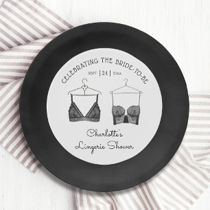 Black Chic Lace Watercolor Lingerie Bridal Shower Paper Plates