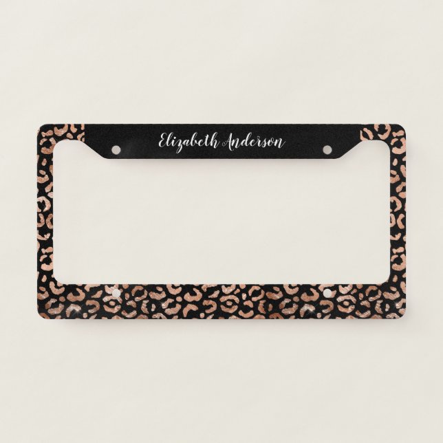 Black Chic Leopard Animal Print Label License Plate Frame (Front)