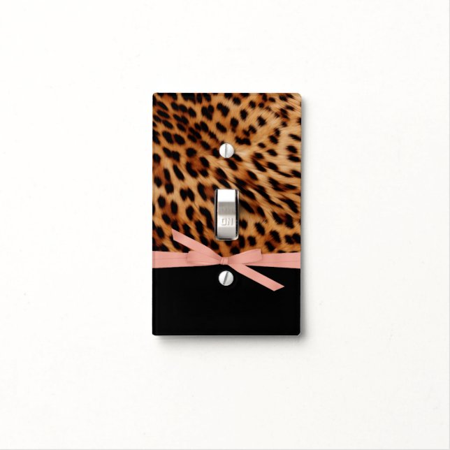 Black Chic Leopard Print Rose Gold Bow Light Switch Cover (In Situ)