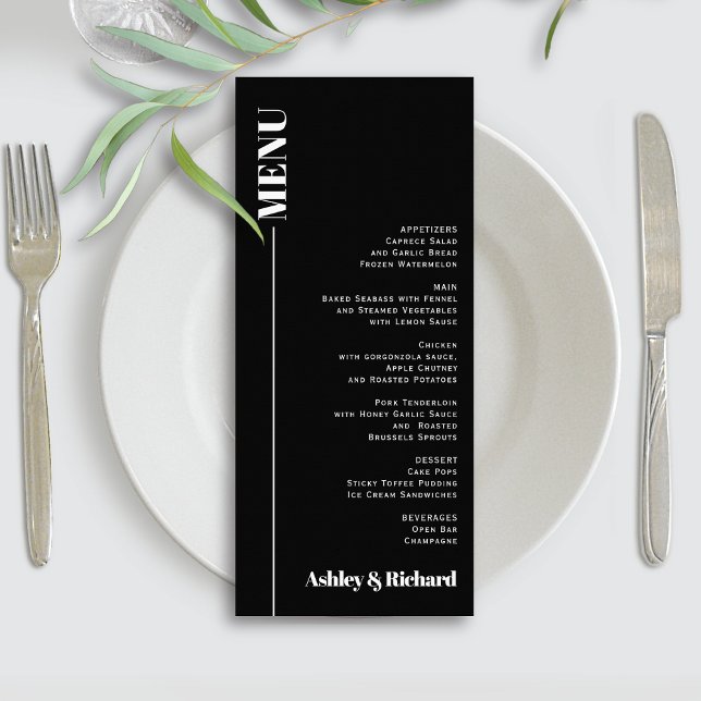 Black chic minimalist typography wedding menu card (Creator Uploaded)