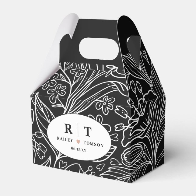Black Chic Modern Floral Thank You Wedding  Favor Boxes (Front Side)