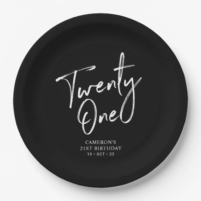Black Chic Modern Lettering 21st birthday Paper Plates (Front)