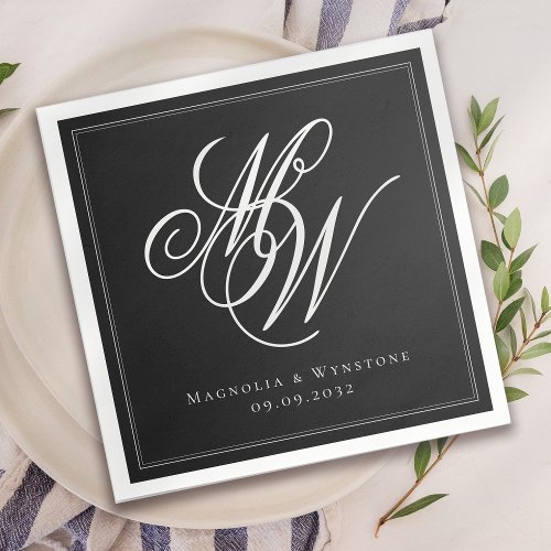 Black Chic Monogram Frame Wedding  Napkins