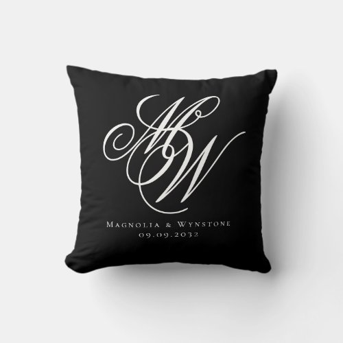 Black Chic Monogram Newlyweds Throw Pillow