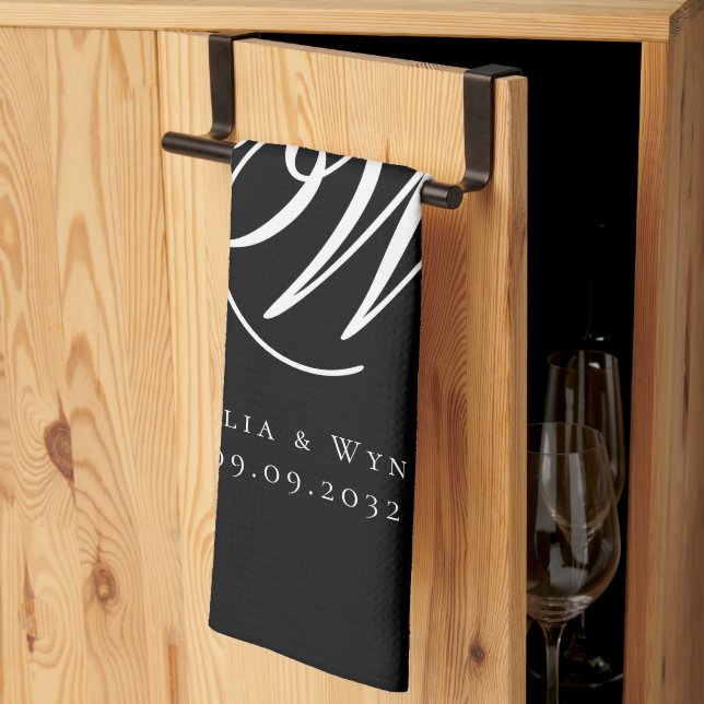Black Chic Monogram Wedding Kitchen Towel (Thirds Fold)