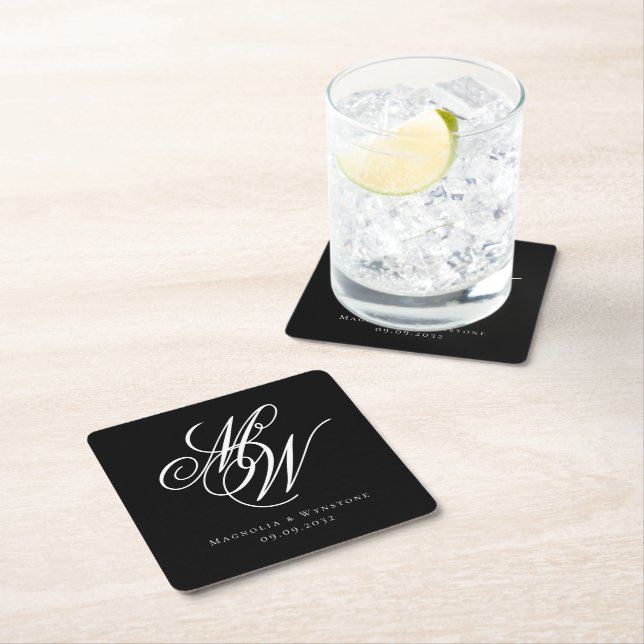 Black Chic Monogram Wedding Square Paper Coaster (Insitu)
