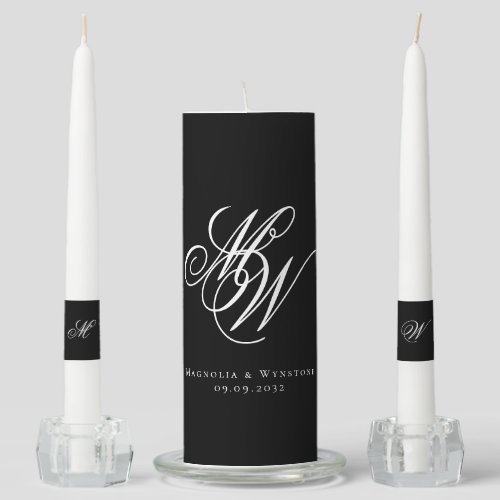 Black Chic Monogram Wedding Unity Candle Set