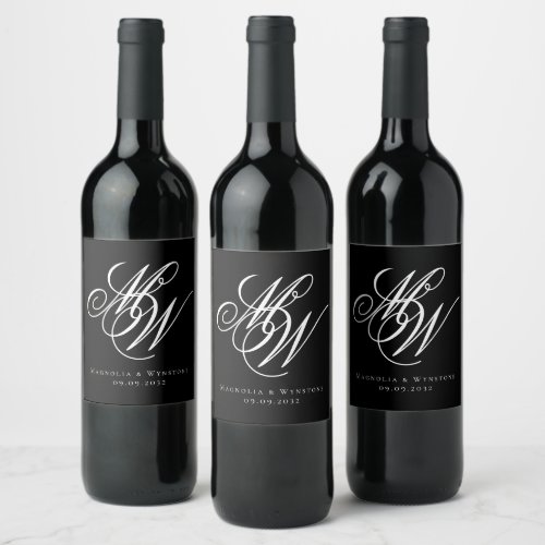 Black Chic Monogram Wedding Wine Label