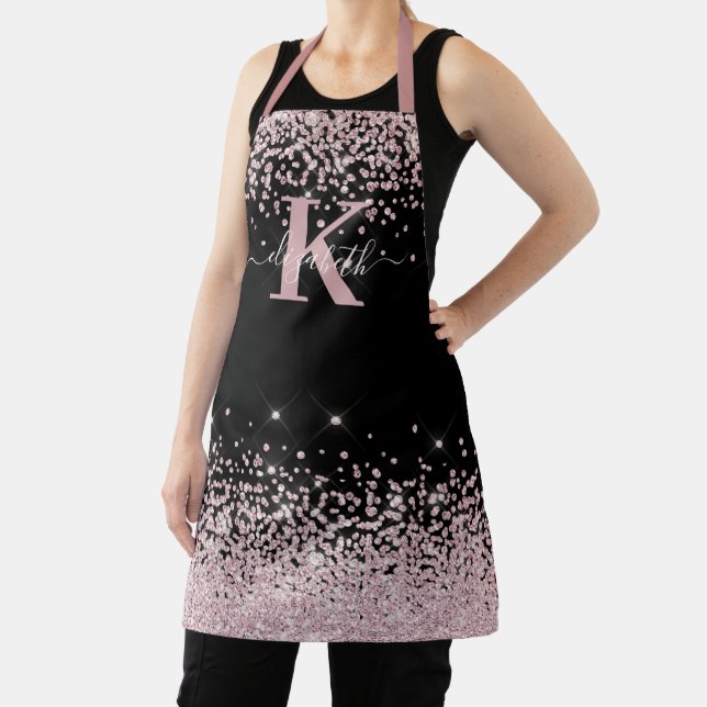 Black Chic Rose Gold Diamond Glitter Monogrammed  Apron (Insitu)
