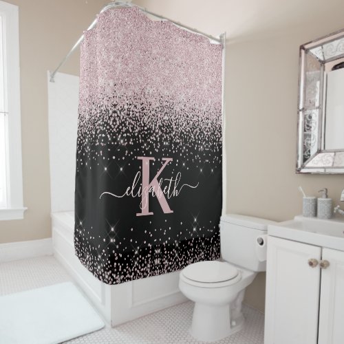 Black Chic Rose Gold Diamond Glitter Monogrammed Shower Curtain