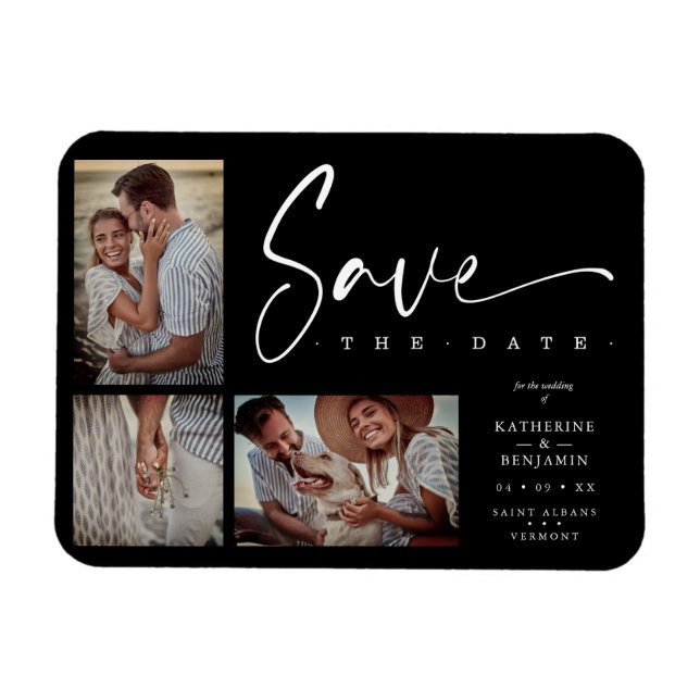 Black Chic Trendy Collage Wedding Covid19 3 Photos Magnet (Horizontal)