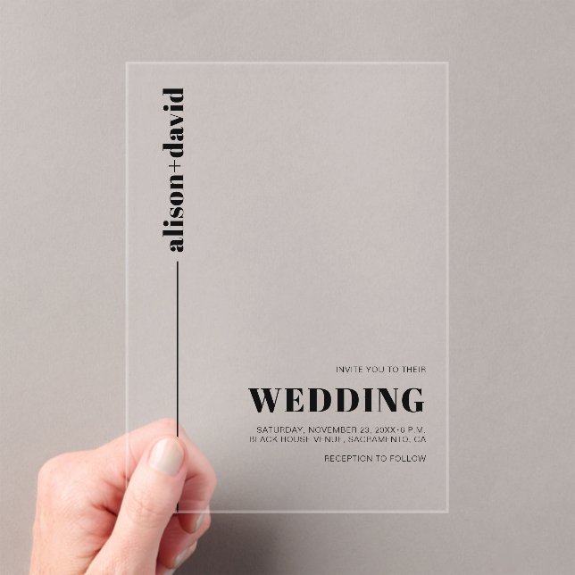 Black, chic typography minimalist wedding acrylic invitations (Insitu (Handheld))