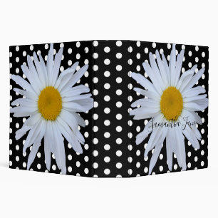 Black Chic White Polka Dots Daisy Custom 3 Ring Binder