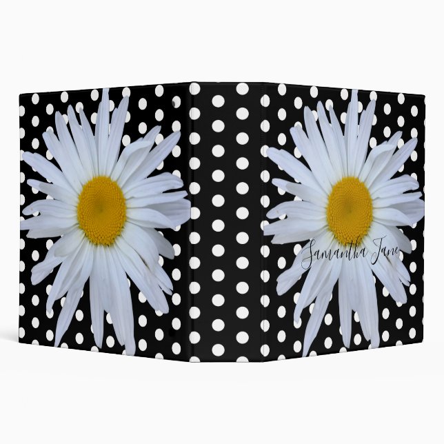 Black Chic White Polka Dots Daisy Custom 3 Ring Binder (Background)