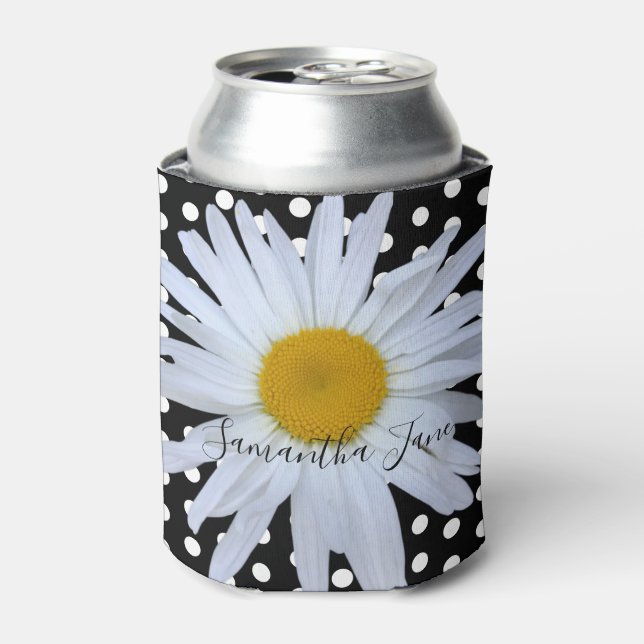 Black Chic White Polka Dots Daisy Custom Can Cooler (Can Front)