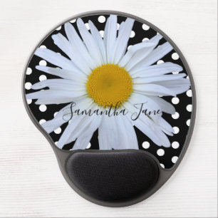 Black Chic White Polka Dots Daisy Custom Gel Mouse Pad
