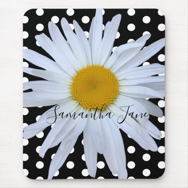 Black Chic White Polka Dots Daisy Custom Mouse Pad (Front)