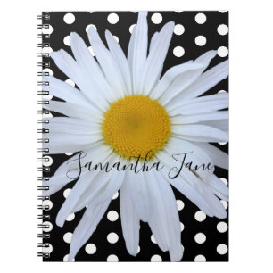 Black Chic White Polka Dots Daisy Custom Notebook