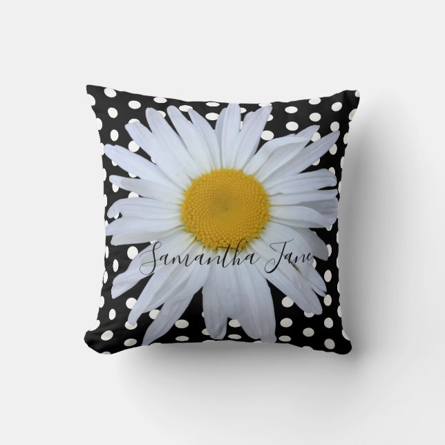Black Chic White Polka Dots Daisy Custom Throw Pillow (Front)