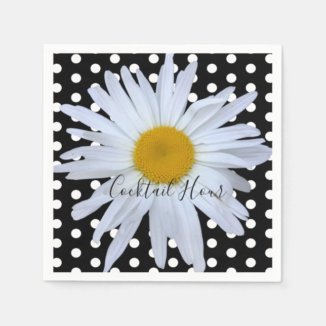 Black Chic White Polka Dots Fun Daisy Custom Napkins (Front)